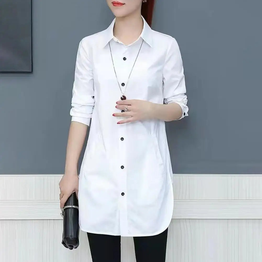 Women Shirt Elegant Side Split Irregular Hem Solid Color Basic Shirt Spring Summer Mid Length Underlay Shirt Casual Loose Shirts