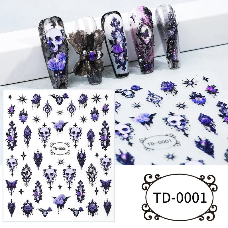3D Black Purple Halloween Nail Stickers Gothic Skull Rose Butterfly Nail Decals for Festival Nail Decor Manicure Sliders