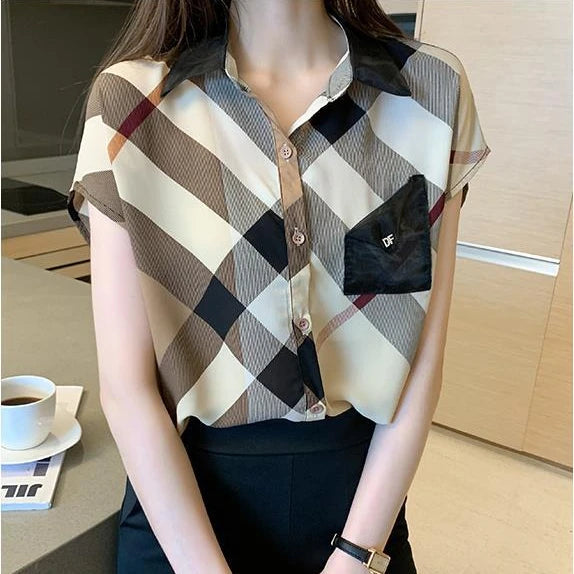 Office Wear Short Sleeve Chiffon Casual Pretty and Cheap Women's Blouses Korean Plaid Youth Woman Buttoned Shirts Trends Top Hot - Daisan Mart