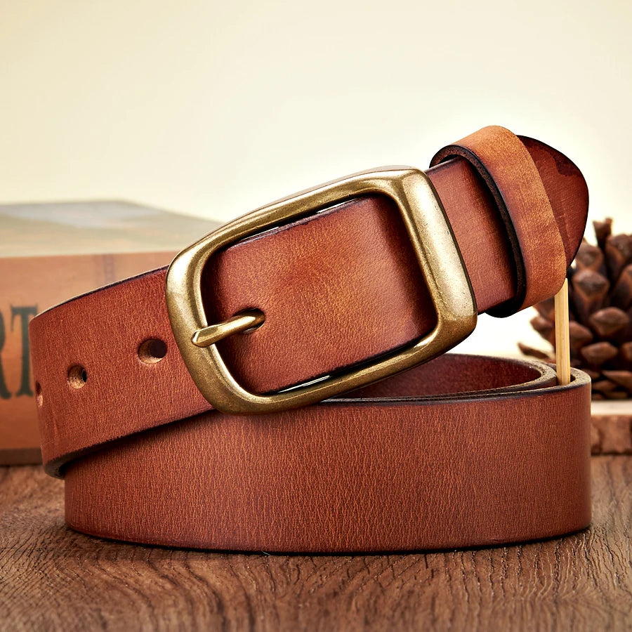 High Quality Men's Cowhide Belt - Vintage Copper Buckle
