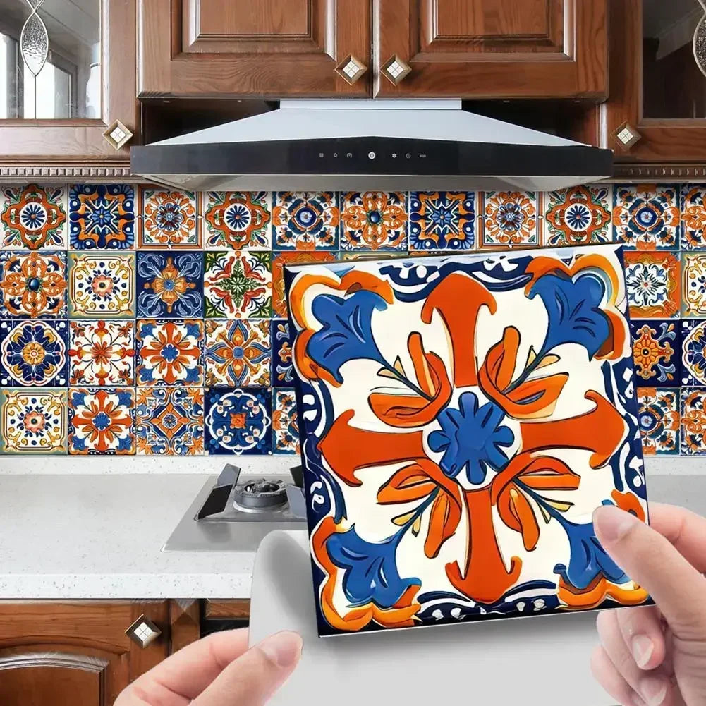24pcs Morocco Style Colorful Retro Tiles Wall Sticker Kitchen Bathroom Tile Waist Line Wallpaper PVC Waterproof Art Mural