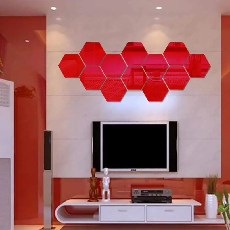 120/6pcs 3D Mirror Wall Sticker Hexagon Acrylic Self Adhesive Mirror Stickers Art Wall Decal Mosaic Tiles DIY Home Bedroom Decor