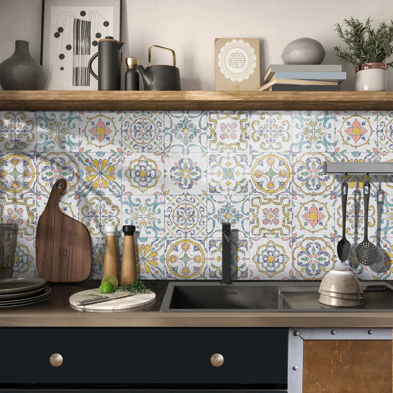 24pcs Of Exquisite Colorful Tile Stickers European Style Wall Stickers Pvc Waterproof Bathroom Kitchen Self-Adhesive Wallpaper