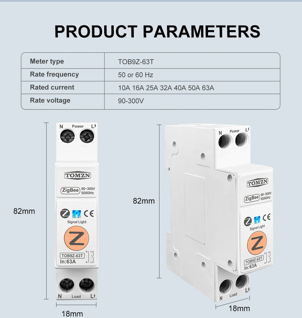 TOMZN Zigbee 63A Smart Switch Energy Meter kWh Metering Monitoring Circuit Breaker Timer Relay MCB TUYA smartlife protection