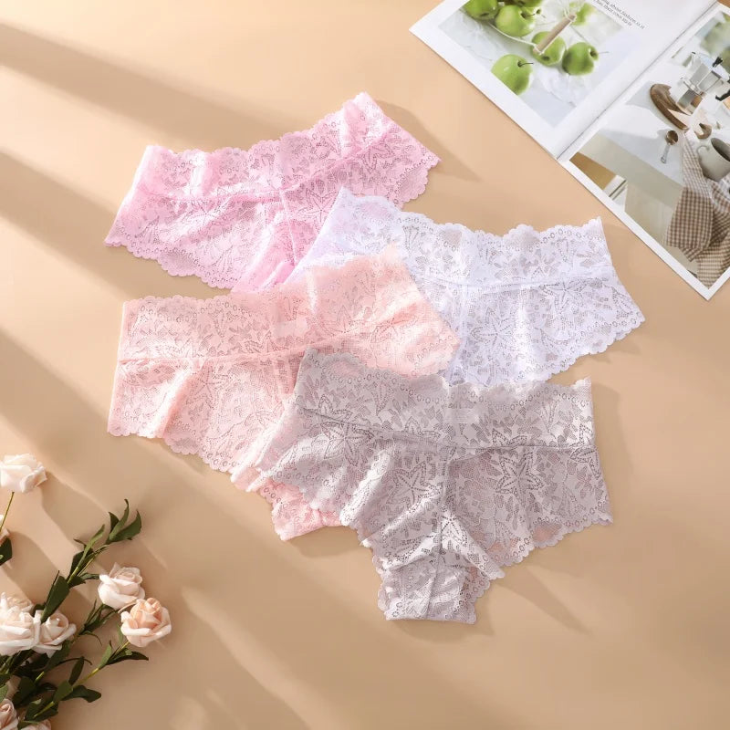 5PCS Women's Sexy Lace Star High Waist Thongs Solid Color Hollow Out Transparents Underwear Female Perspective G-strings S-XXL
