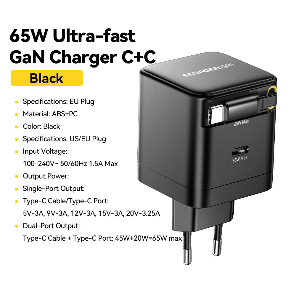 Essager 65W GaN Charger with Retractable Cable PD Fast Charging for Laptop Macbook iPhone 16 15 14 Xiaomi Type-C Phone Charger