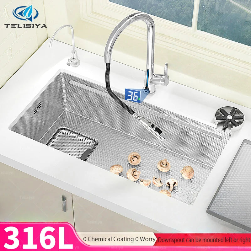 316L Stainless Steels Kitchen Sink Scratch and Grease Resistant Large Single Slot Household Left Right Mount Undermount Basin - Daisan Mart