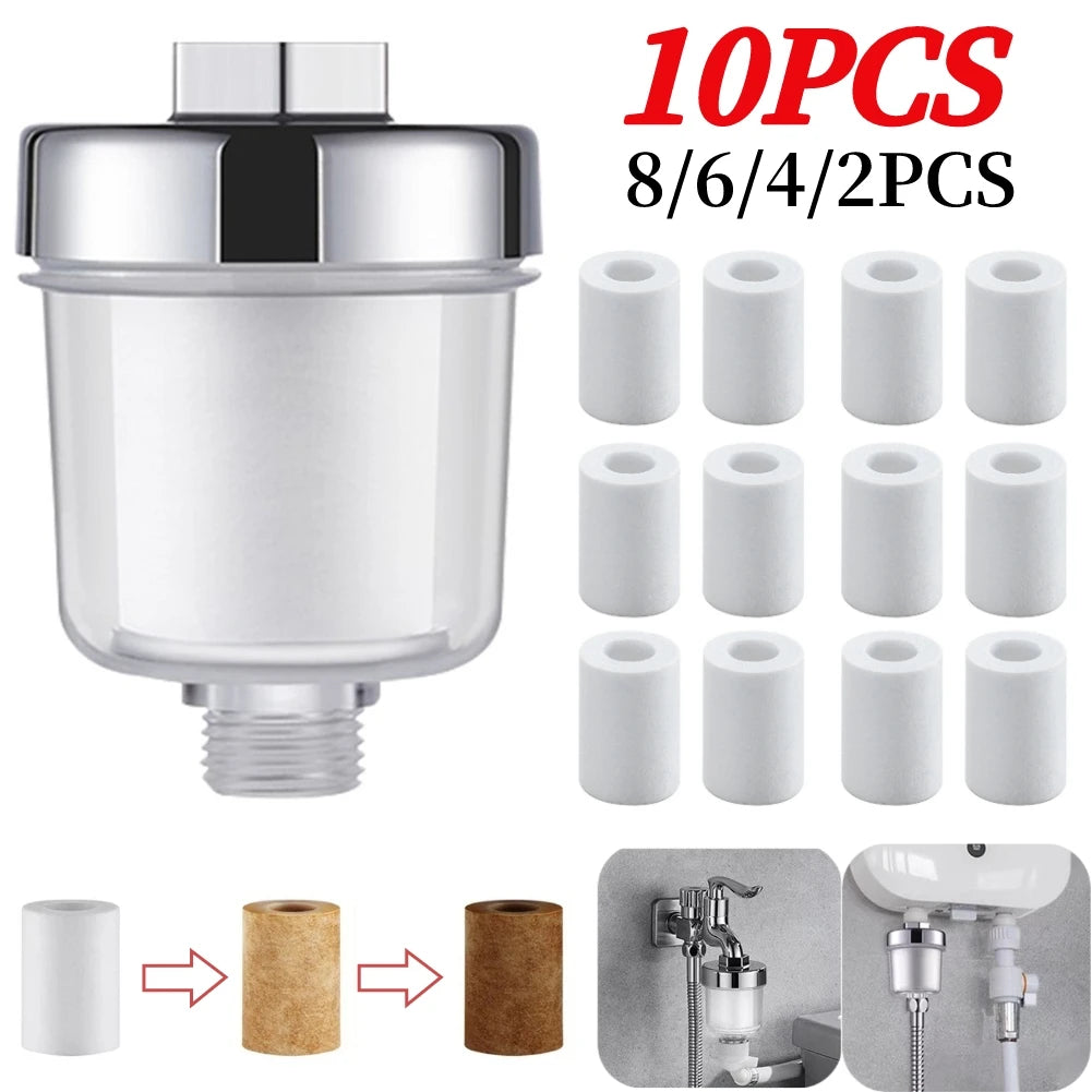 Bộ 10 lõi lọc nước trắng, vòi lọc kim loại sáng bóng, hình minh họa lắp đặt và quy trình lọc.