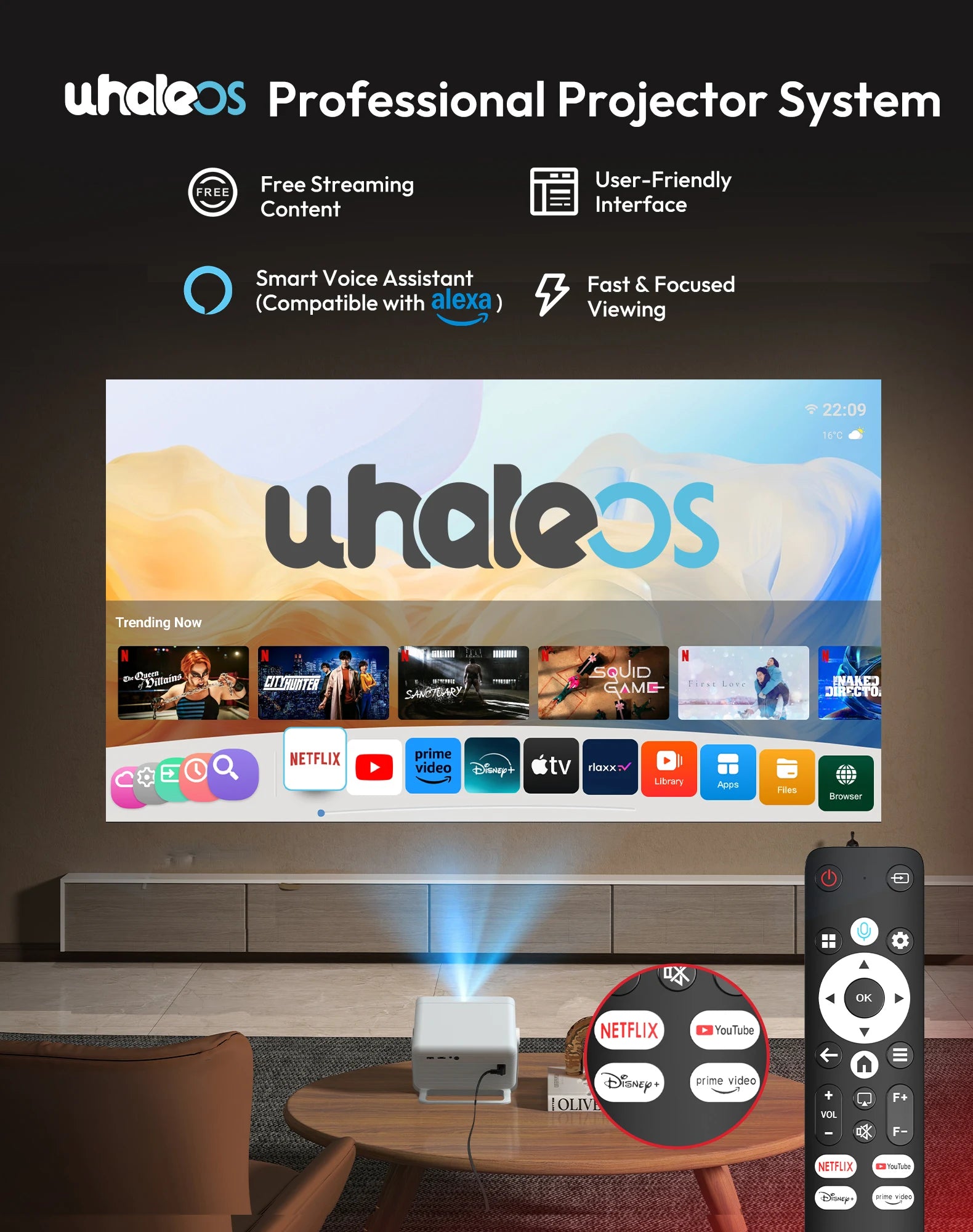 XGODY Gimbal N6 Pro 4K Projector Netflix Officially 700 Ansi Native 1080P Auto Focus Whale OS TV for Movie Home Theater - Daisan Mart