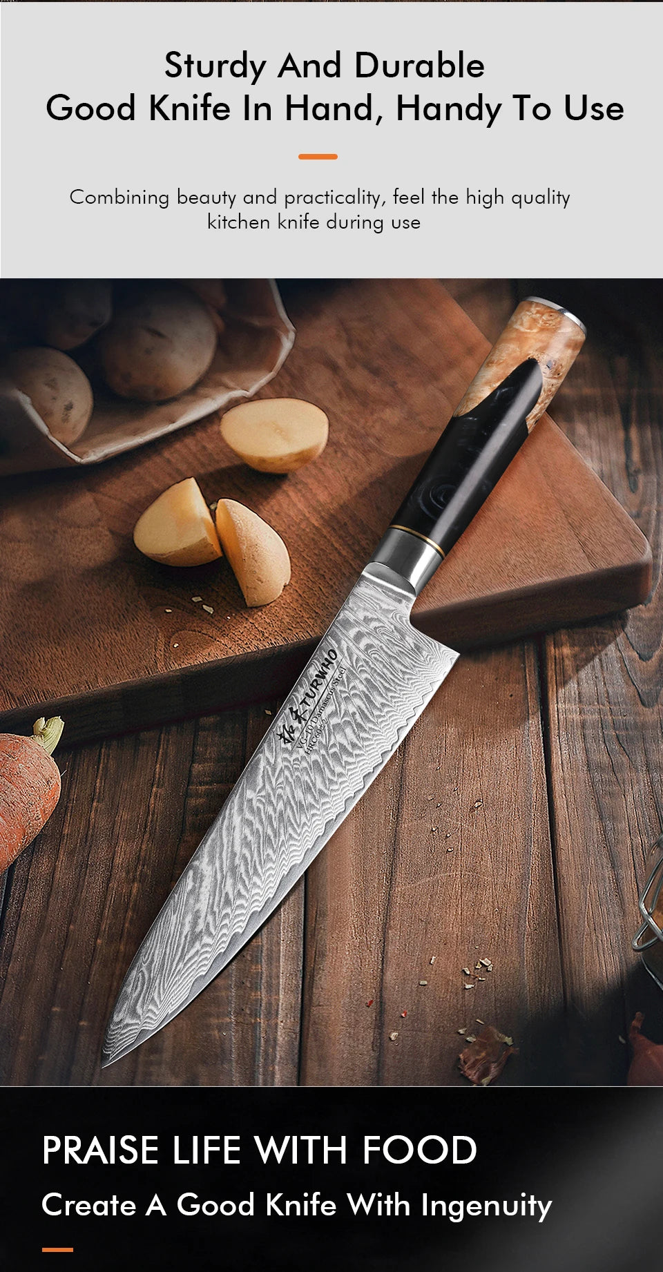 TURWHO 8 Inch Chef Knife Gyuto Knife Japanese Style VG10 Core Damascus Kitchen Knives Stainless Steel Butcher Knife Resin Handle - Daisan Mart