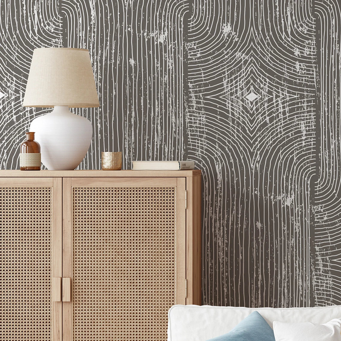 Boho Dark Grey Peel and Stick Wallpaper Geometric Arches Contact Paper Removable Wall Paper for Kitchen Walls Cabinet Drawer