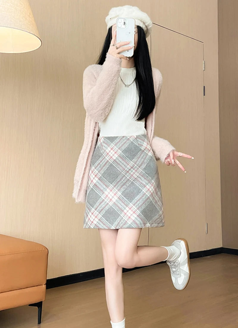 Autumn Winter Korean Plaid Woolen Skirt Women High Waist Slimming Wrap Hip Mini Skirts Y2K Thicken Warm Short A-Line Skirt Mujer - Daisan Mart