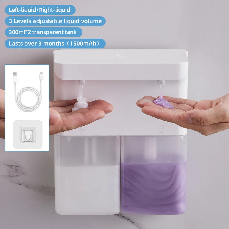 600ml Automatic Foam Soap Dispenser Double-Head Touchless Rechargeable 3-Level Adjustable Induction Sensor for Kitchen Bathroom