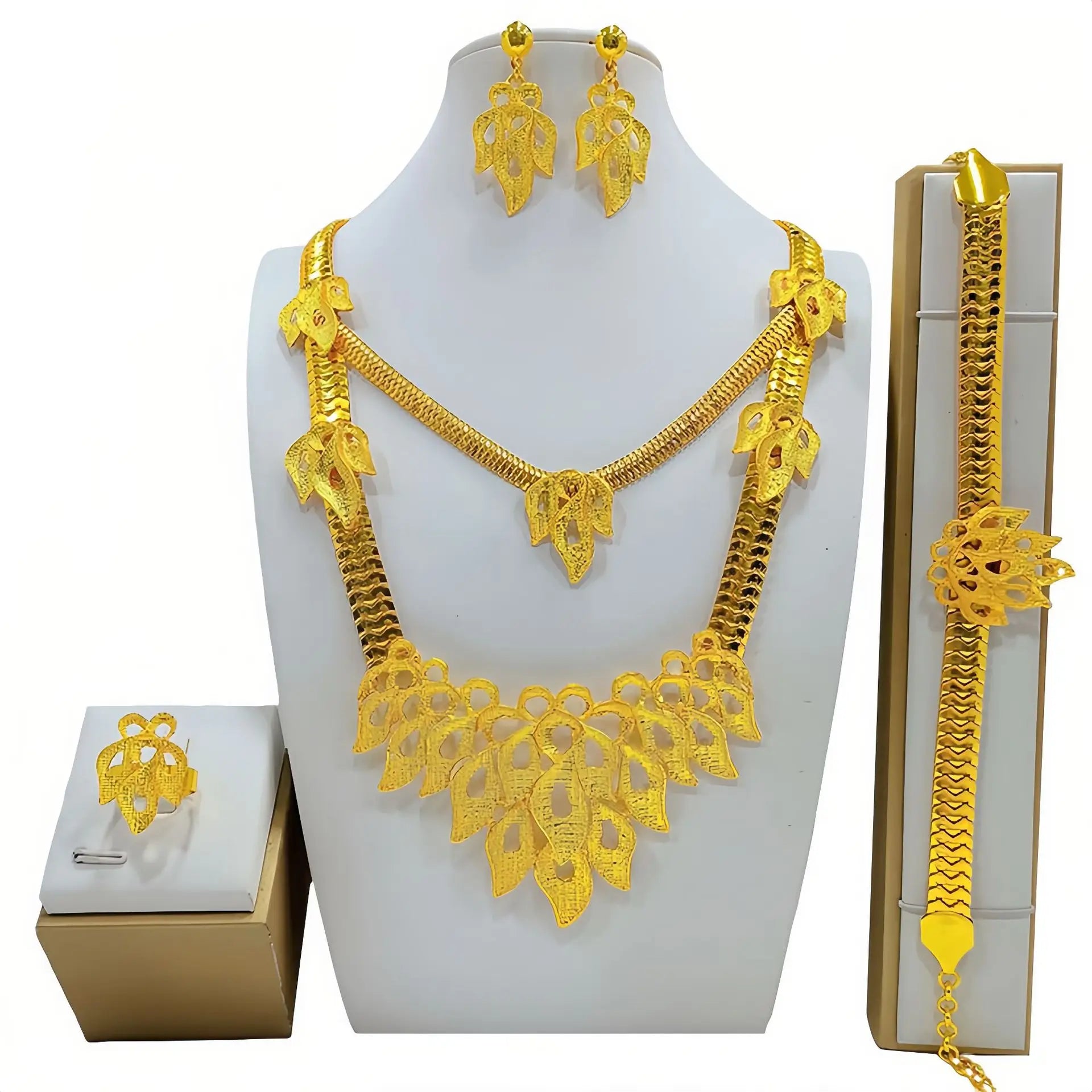24K Gold Wedding Jewelry Set: Necklace, Ring, Earrings