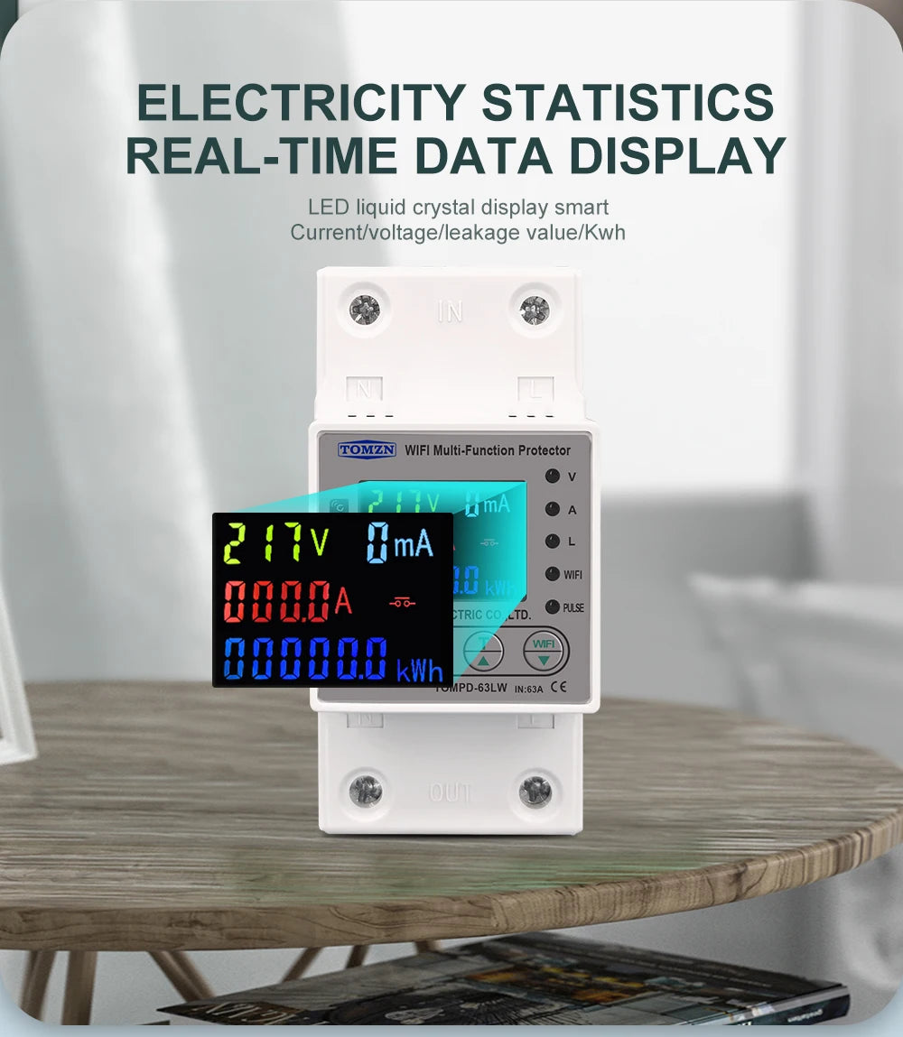 TOMZN 63A WIFI Smart Switch TUYA Energy Meter Kwh Metering Circuit Breaker Timer with voltage current and leakage protection