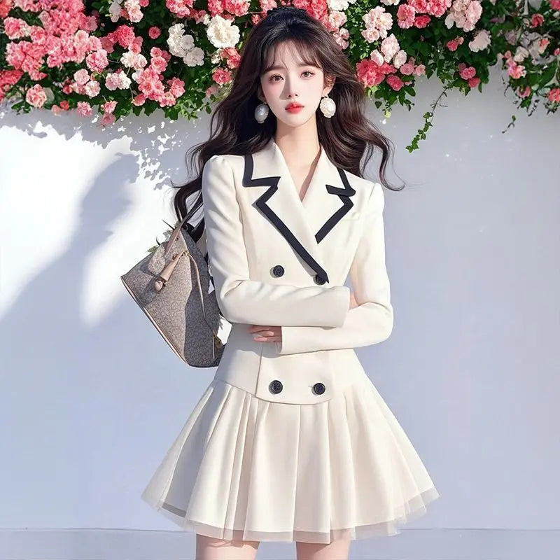Office Blazer Dress Women Elegant Preppy Style Pleated Blazer Short Dress Fashion double-breasted Lapel Party Evening Dress Y2K - Daisan Mart