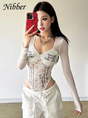 Nibber Lace up Woman Letter Print Bodysuits U Collar Hollow Out Long Sleeves Skinny Mesh Look Slimmer Korean Hottie Outfits