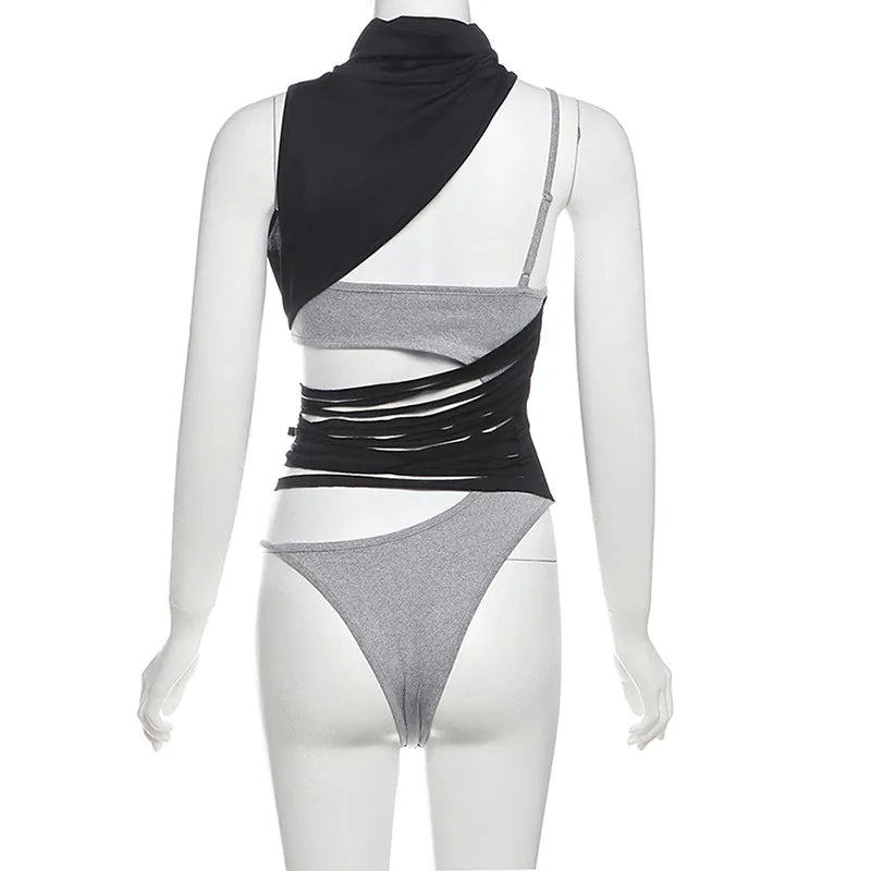 Sylcue Irregular Hollow Design Bodysuits Women Contrast Patchwork Turtleneck Sleeveless Hot Girls Street Sexy Fashion Bodycon - Daisan Mart