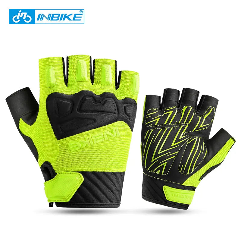 Găng tay xe đạp màu đen và neon, họa tiết sọc và đệm bảo vệ, logo INBIKE trên góc trên trái.