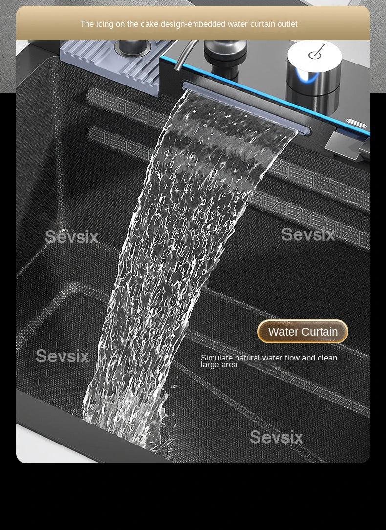 304 Stainless Steel Waterfall Kitchen Sink Large Single Slot Integrated Digital Display Faucet Set Soap Dispenser Cup Washer - Daisan Mart