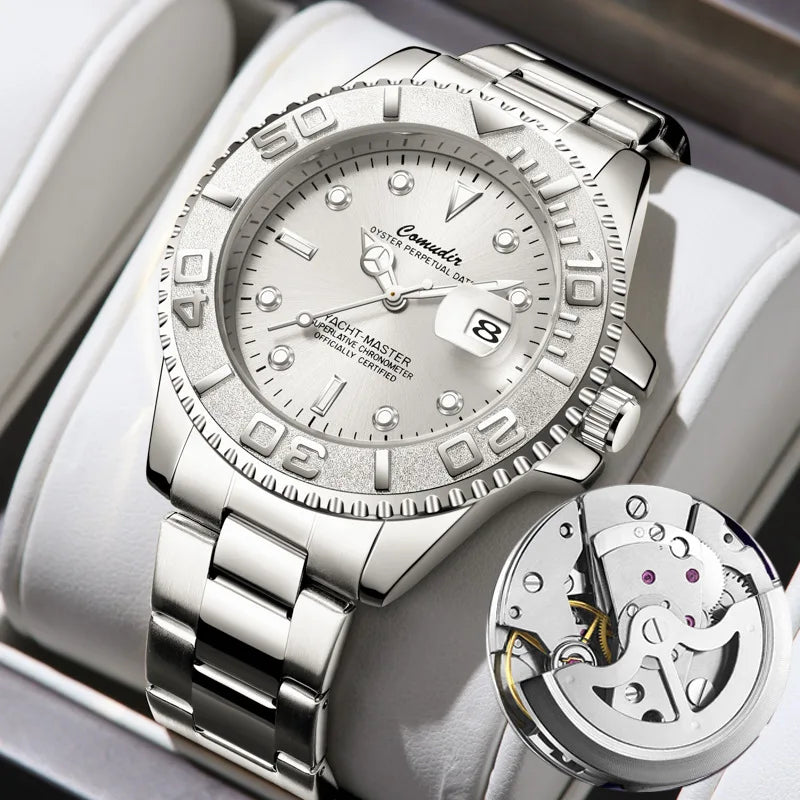 Men's automatic mechanical watch with exposed movement, water resistant, luminous