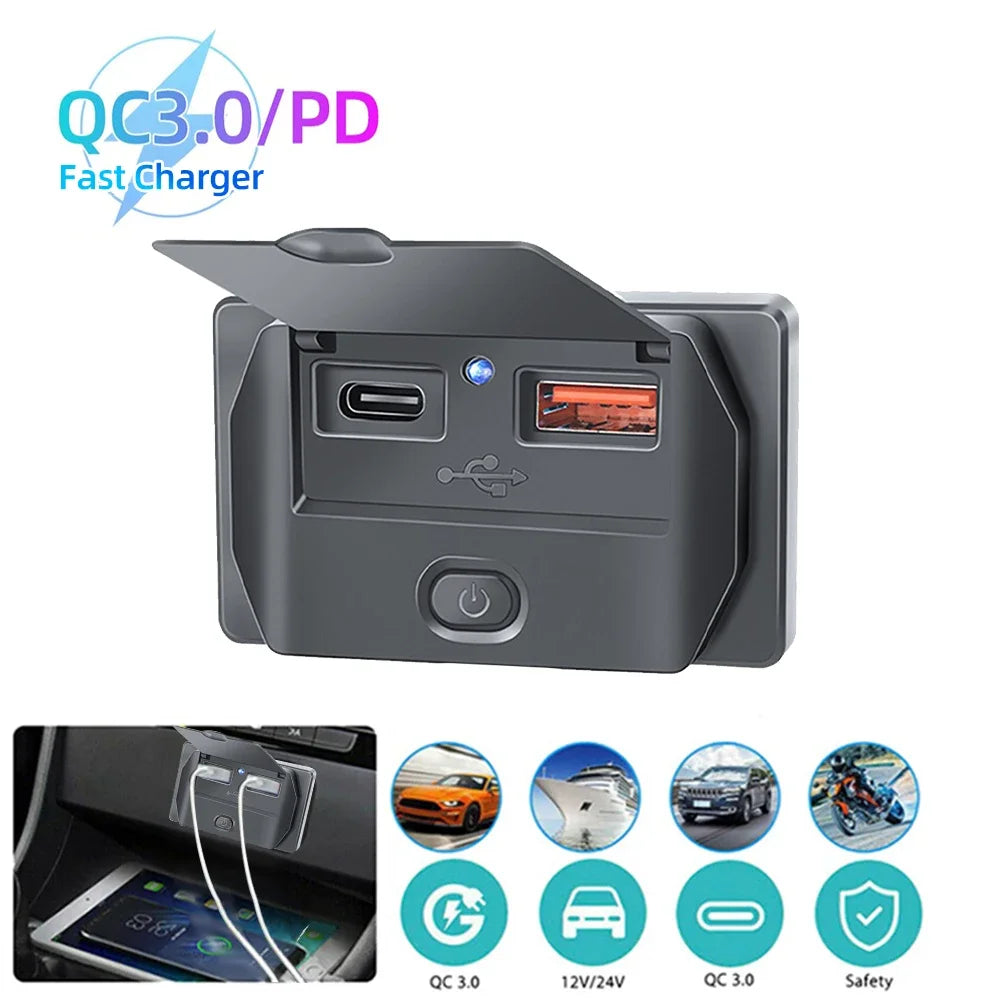 Car Charger Socket Adapter with Switch, 2-4-Ports Charging Splitter, Outlet for Bus, RV, ATV,Truck,Boat,Outlet,12V,24V, PD,QC3.0