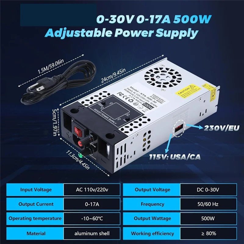 Nguồn Tổ Ong ABKW 0-30V 17A 500W Đa Điện Áp US Plug