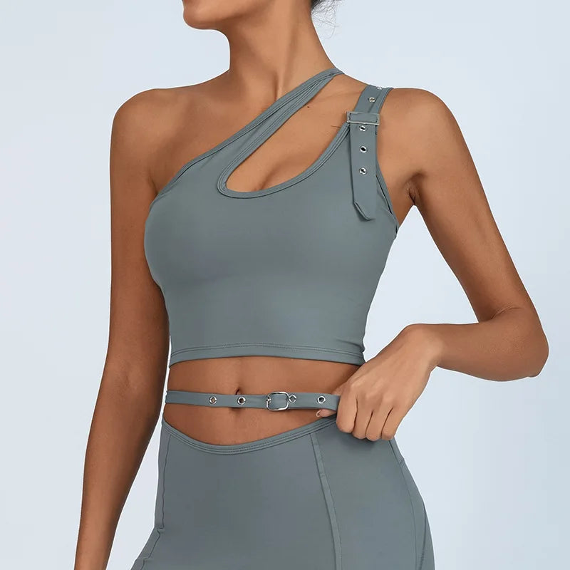 Yoga Tank Top with Built-in Bra Asymmetric Single Shoulder Quick-Dry Breathable High Elasticity Workout Gym Fitness Clothes - Daisan Mart