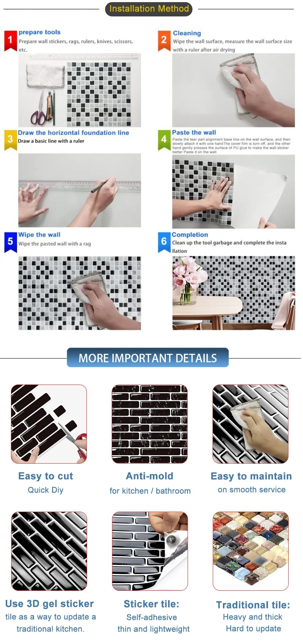 12"x12" Kitchen Backsplash Wall Tiles Peel and Stick Wall Stickers Wallpaper 3D Waterproof Self Adhesive Tile Mosaic Wallsticker