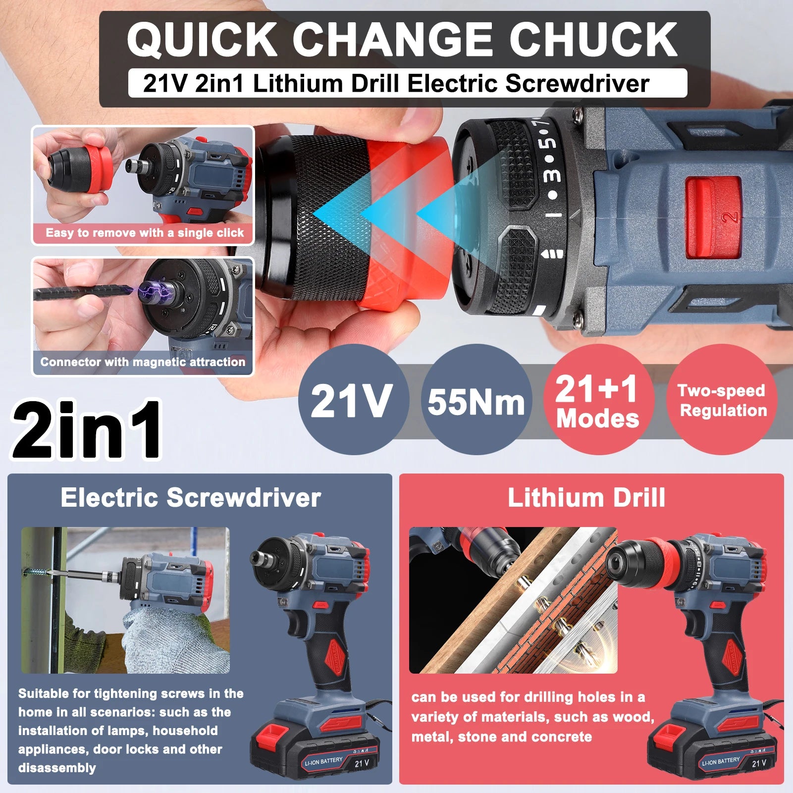21V 2in1 Electric Drill Rechargeable Screwdriver 55Nm Torque Brushless Screwdriver Practical Screw Driver Repairing Power Tool
