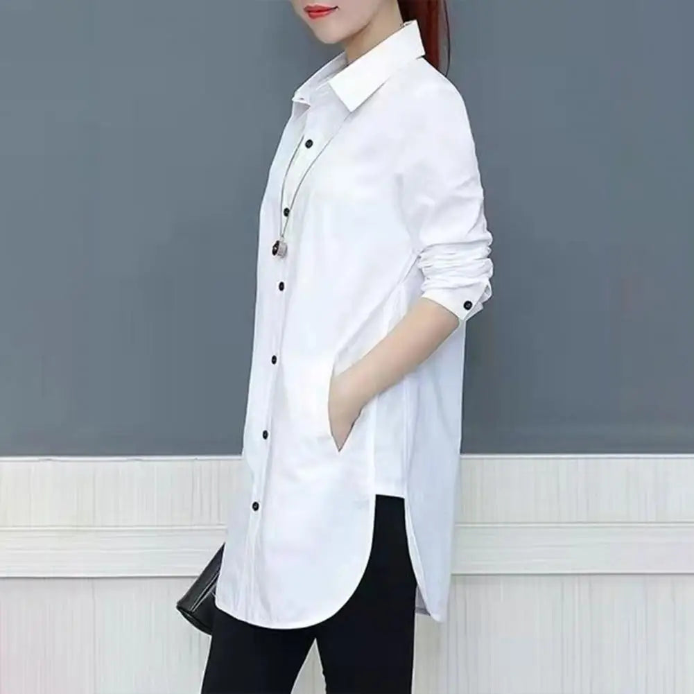 Women Shirt Elegant Side Split Irregular Hem Solid Color Basic Shirt Spring Summer Mid Length Underlay Shirt Casual Loose Shirts