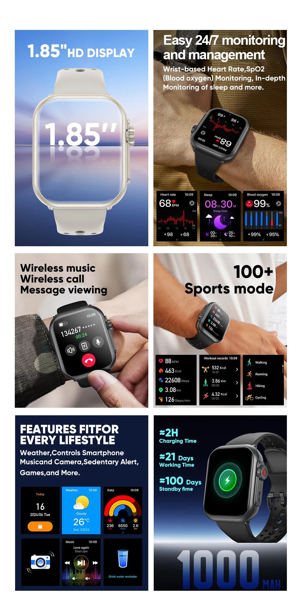 Đồng hồ thông minh thể thao thời trang HD 1.85 inch