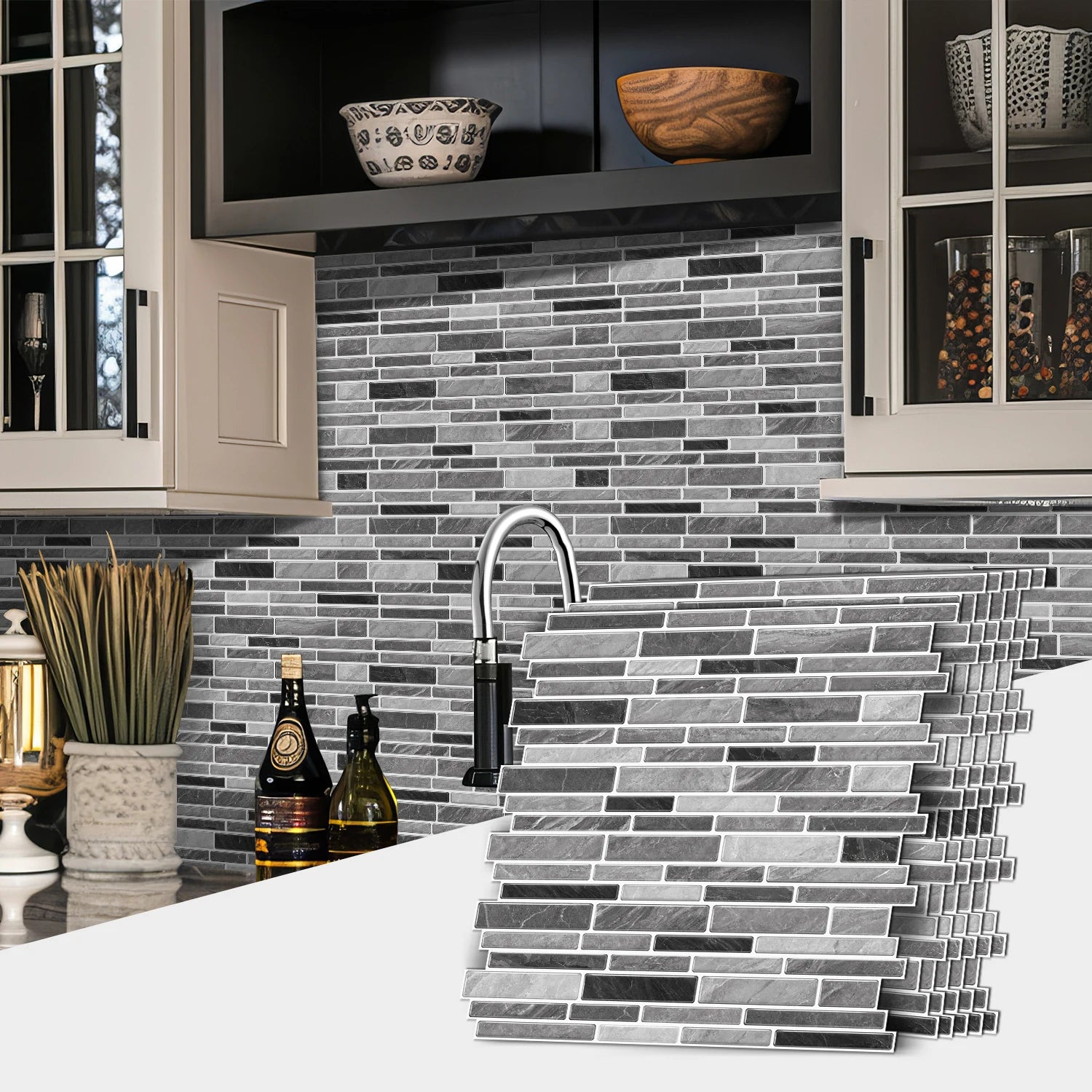 1/12pcs Classic Black And White Tile Marble Room Decoration Kitchen Living Room Waterproof Self-Adhesive Wall Sticker Detachable