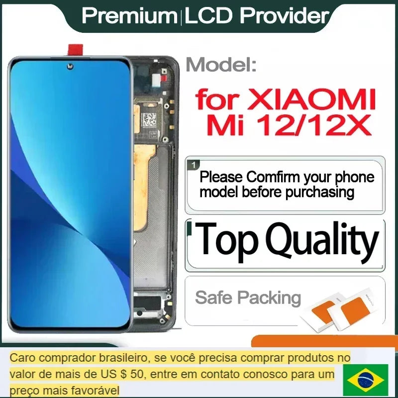 Màn hình xanh điện thoại, chữ đỏ "for XIAOMI Mi 12/12X", các thẻ "Top Quality", "Safe Packing".