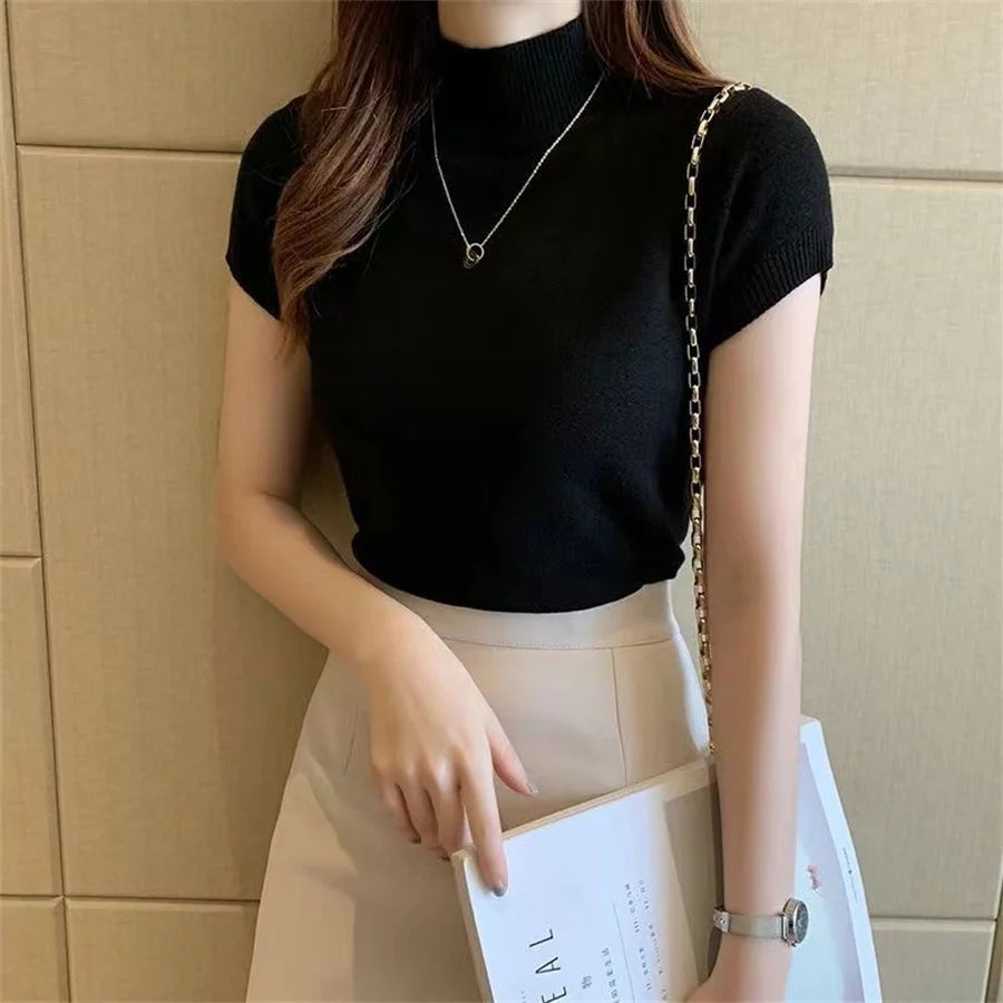 Women's Short Sleeve Turtleneck Knitted Summer T-Shirt