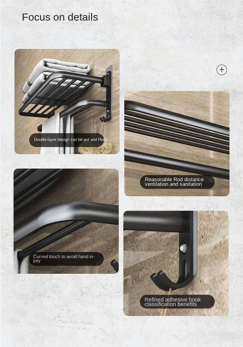 40/50/60CM No Drilling Towel Rack Fold Self-adhesive Wall Hanger Rail Bracket Black Aluminum Shower Bathroom Accessories Holder