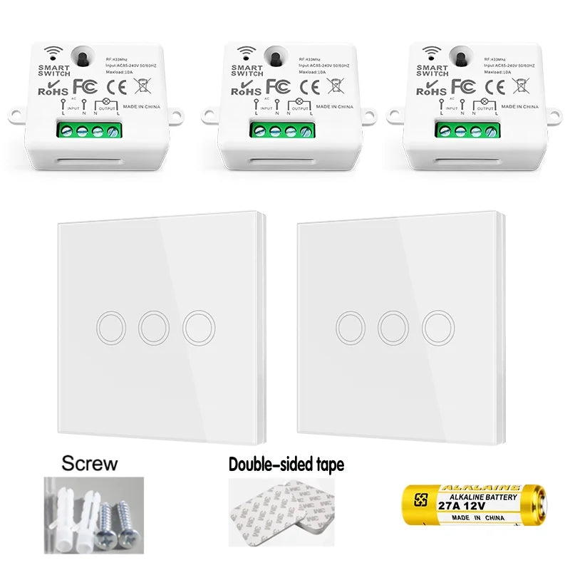 Wireless RF Smart Light Wall Switch with Remote Control Touch Wall Panel Mini Relay Receiver 110V 220V 10A (inlude battery)