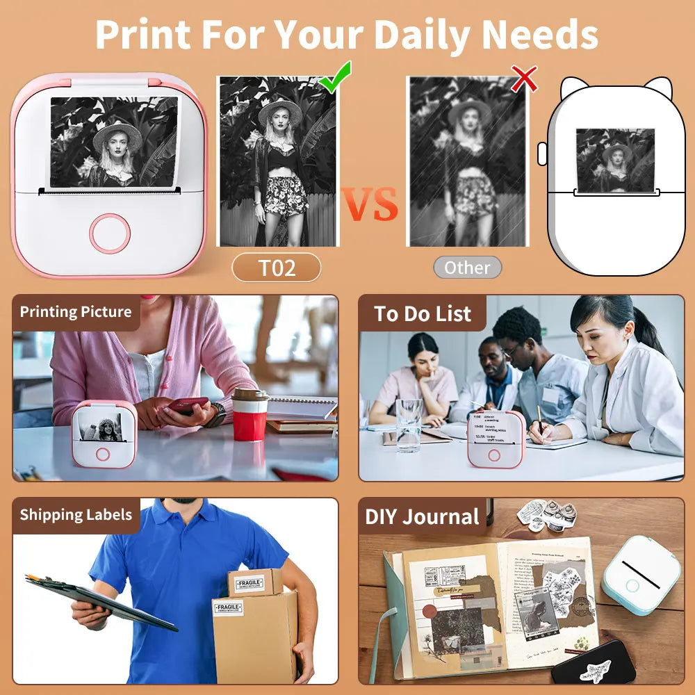 Phomemo Portable Mini Thermal Printer T02 Mini Pocket Label Printer DIY Self-adhesive Sticker Label Machine Various Label Paper - Daisan Mart