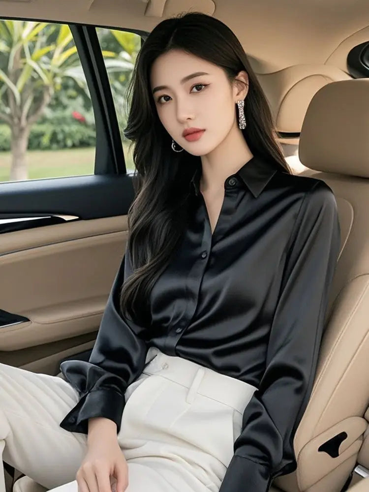 Áo Sơ Mi Lụa Công Sở Nữ Hàn Quốc Dáng Ôm Dài Tay - Daisan Mart