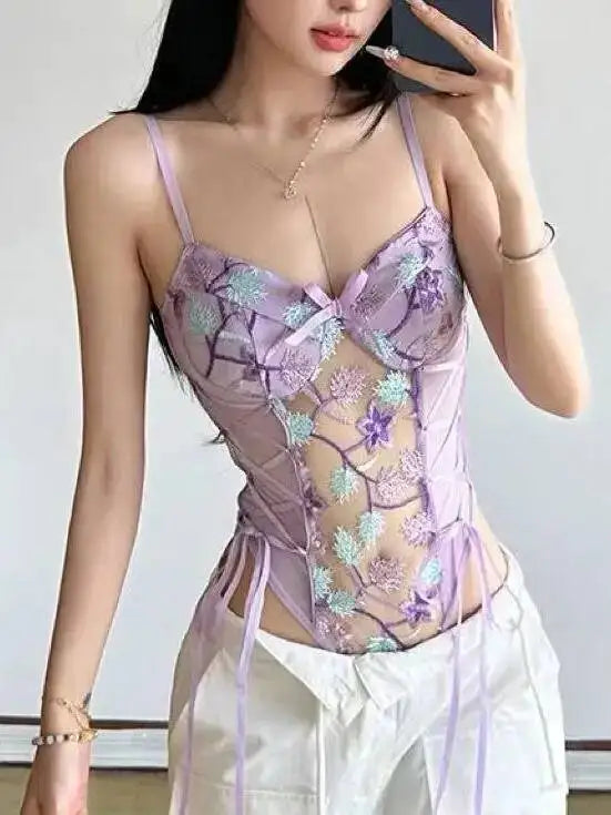 Sexy Butterfly Floral Bodysuit Embroidery See-through Mesh
