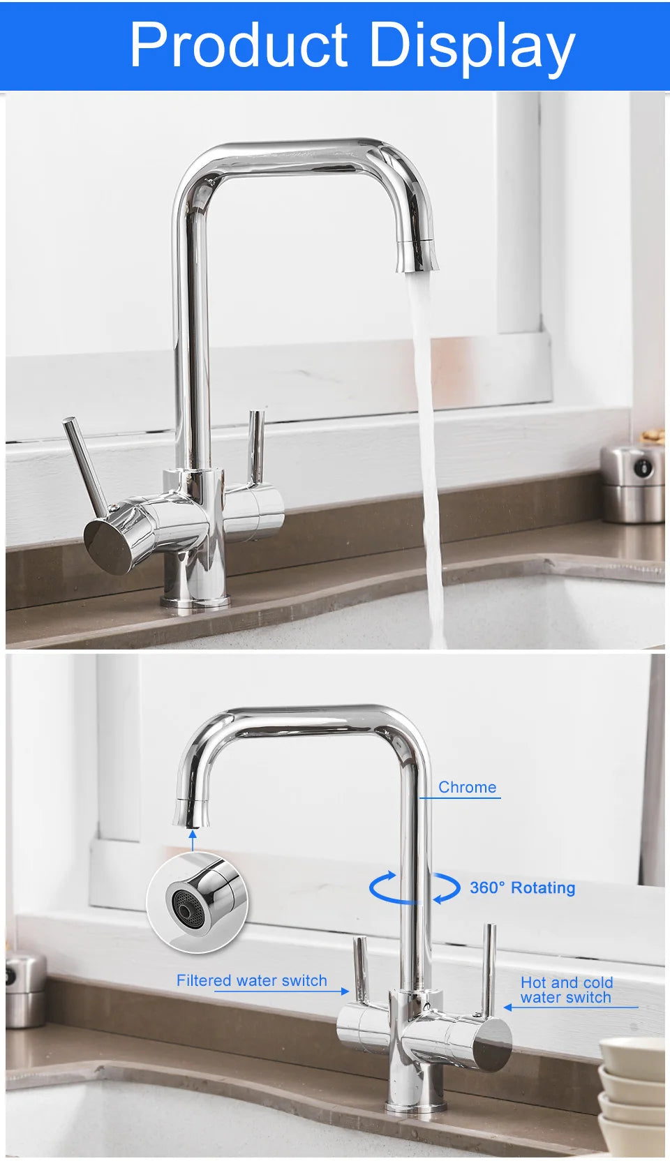 ROVATE Chậu bếp 3 trong 1, Vòi nóng lạnh có lọc nước uống