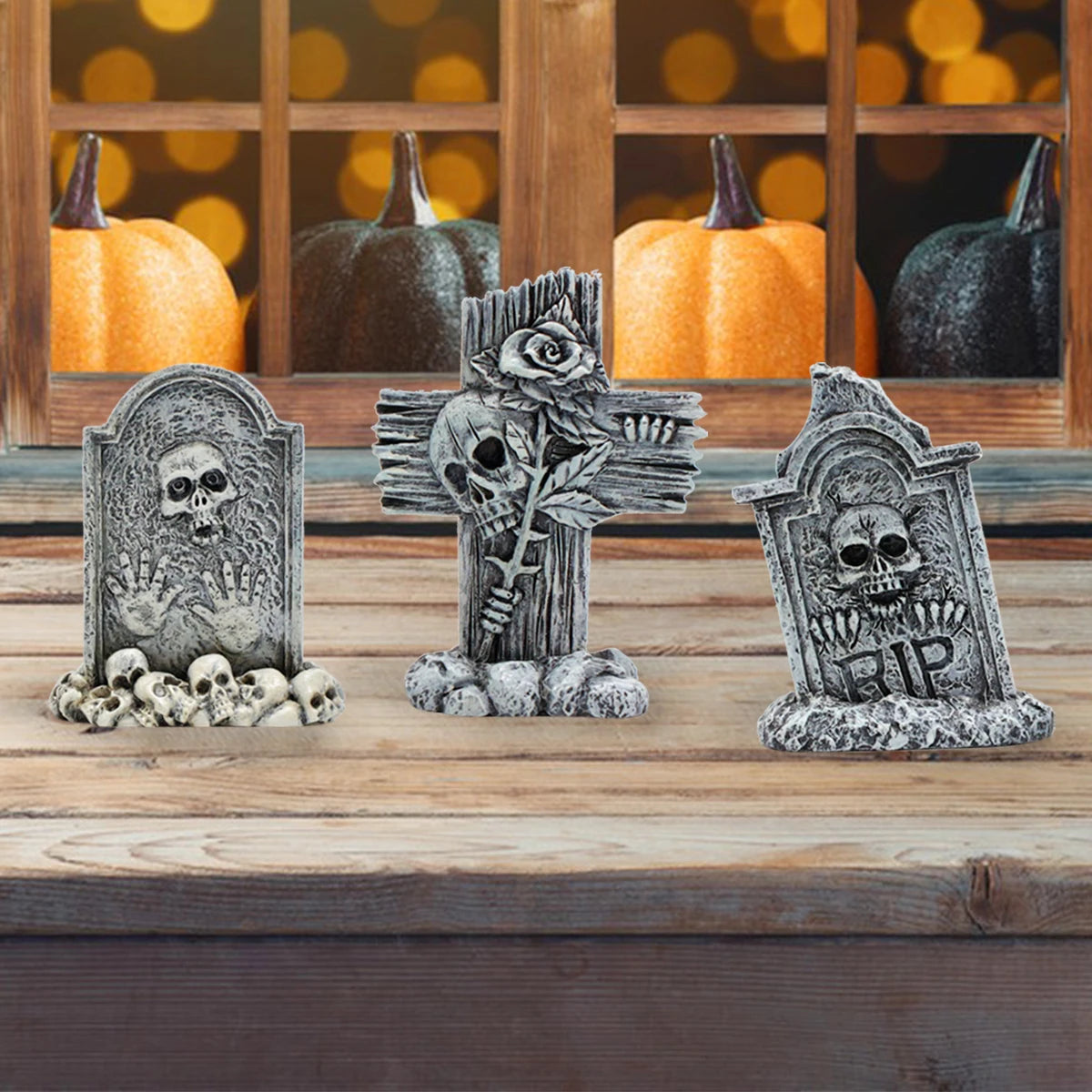 3-piece set of tombstone resin crafts, terrifying decorative statues in courtyard gardens, Halloween decorative statues, bonsai - Daisan Mart
