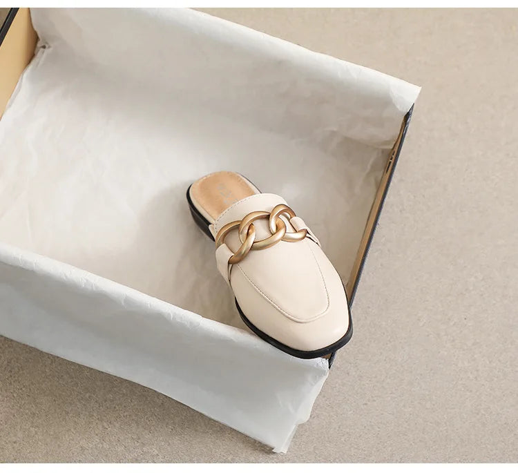 Women's Fashion Mules - Square Toe Black and White Chain