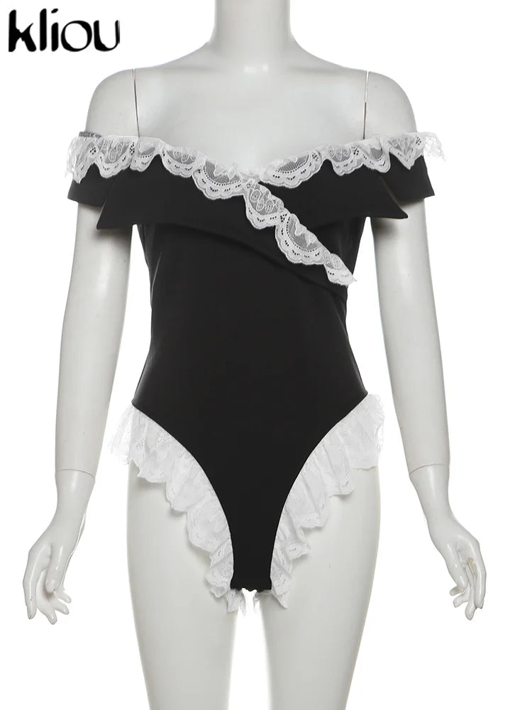 Kliou Women's Bodysuit Mesh Lace Off-the-Shoulder Fashion