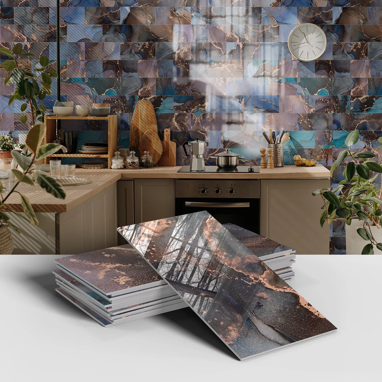 Set of 16 Waterproof Stone Pattern Foam Wall Stickers for Kitchen