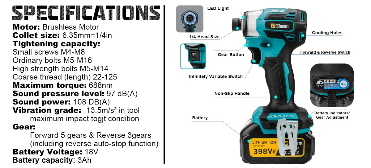 688N.m 1/4'' Brushless Electric Screwdriver Cordless Screwdriver Electric Drill Impact Driver Kit for Makita 18V Battery Battery