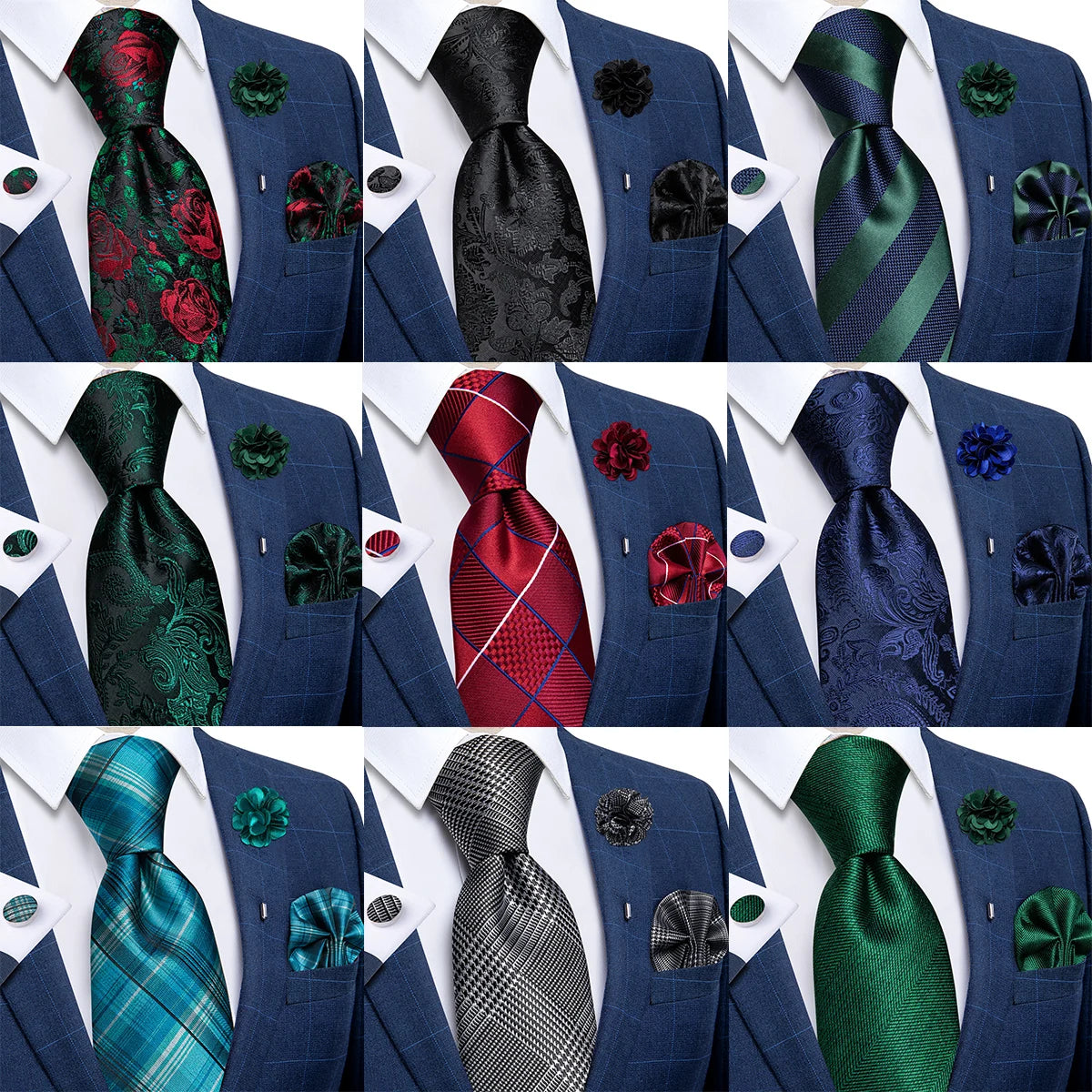 Combo Cà vạt 8cm kèm ghim cài, khăn túi, khuy măng sét