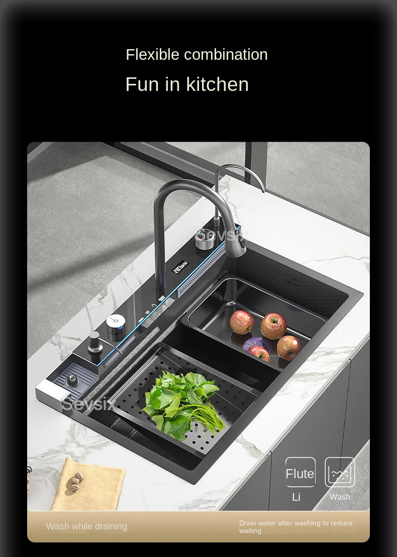 304 Stainless Steel Waterfall Kitchen Sink Large Single Slot Integrated Digital Display Faucet Set Soap Dispenser Cup Washer - Daisan Mart