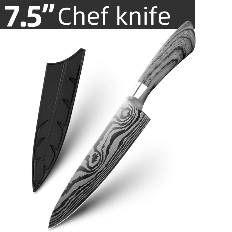 Bộ Dao Bếp Nhật Santoku 7Cr17 440C Vân Damascus