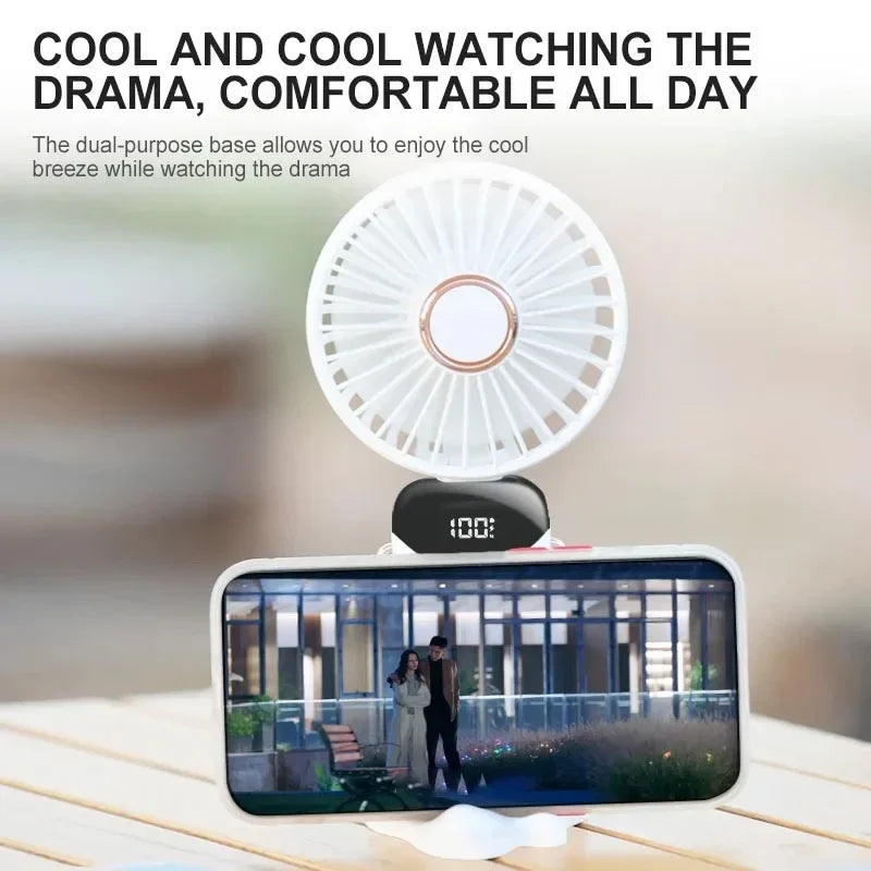 Handheld Mini Fan Foldable Portable Neck Hanging Fans 5 Speed ​​USB Rechargeable Fan with Phone Stand and Display Screen 1800mAh